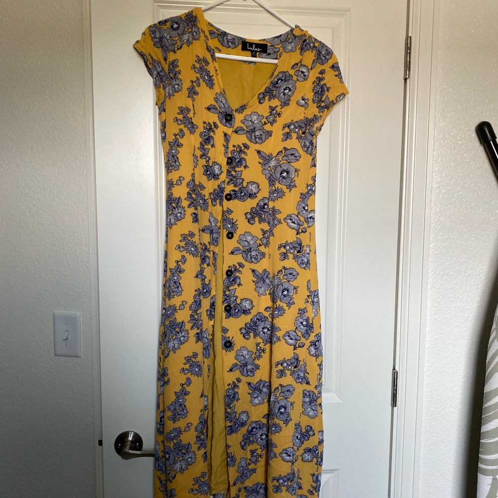 Yellow and Blue floral shin length dress